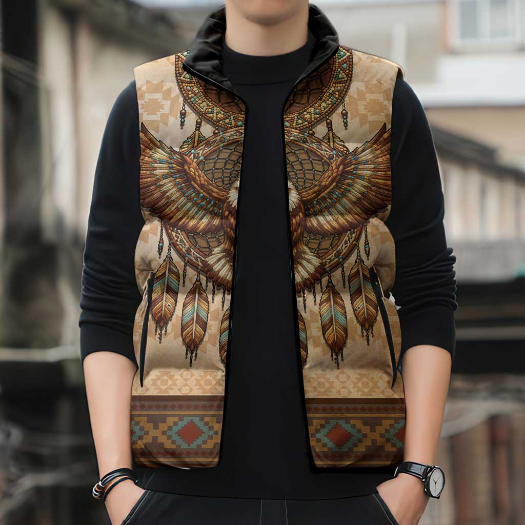 Eagle Native American Sleeveless Puffer Jacket Tribal Feather Dreamcatcher Boho Style