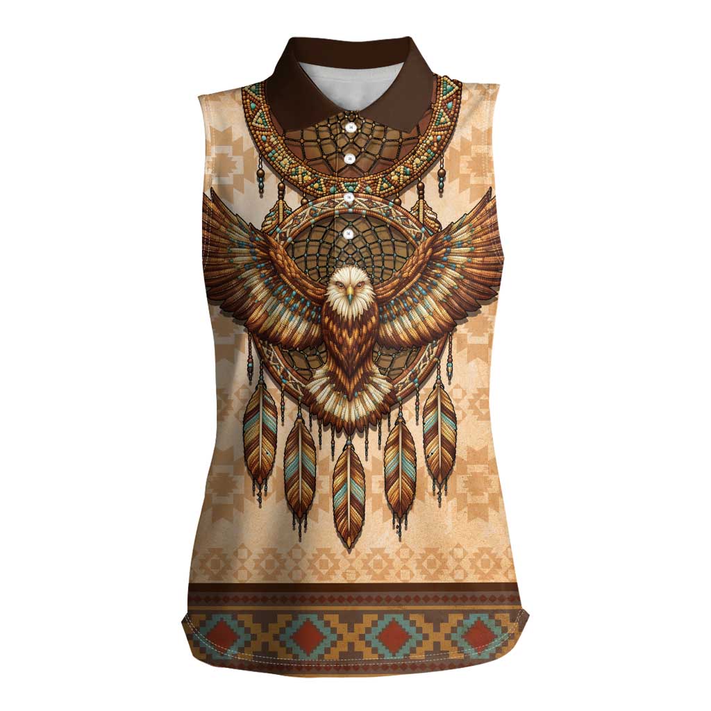 Eagle Native American Women Sleeveless Polo Shirt Tribal Feather Dreamcatcher Boho Style