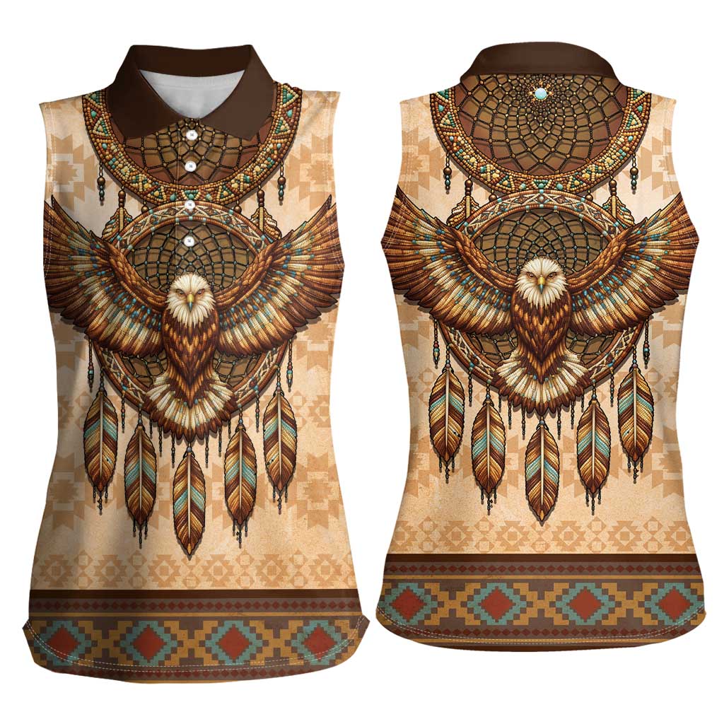 Eagle Native American Women Sleeveless Polo Shirt Tribal Feather Dreamcatcher Boho Style