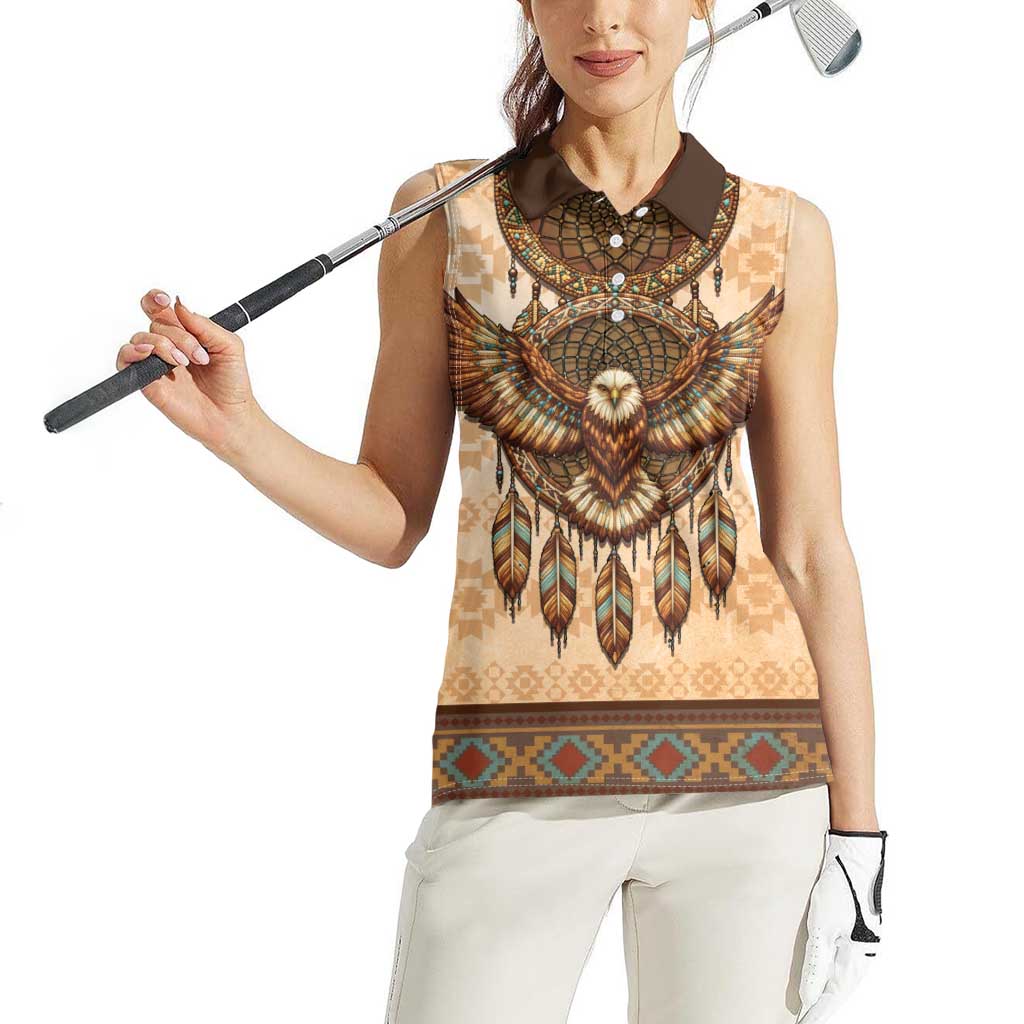 Eagle Native American Women Sleeveless Polo Shirt Tribal Feather Dreamcatcher Boho Style