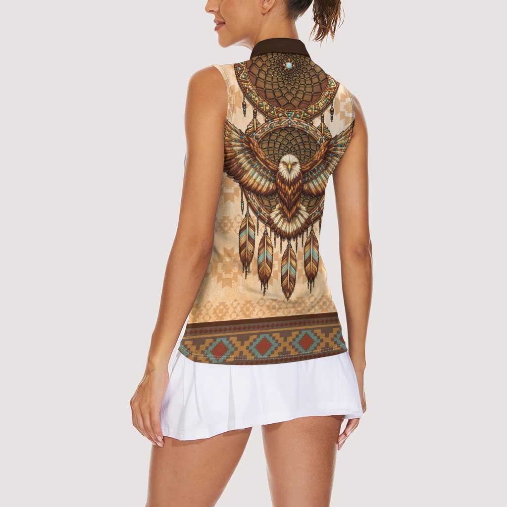 Eagle Native American Women Sleeveless Polo Shirt Tribal Feather Dreamcatcher Boho Style