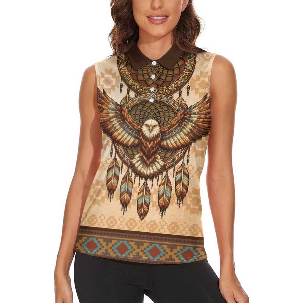 Eagle Native American Women Sleeveless Polo Shirt Tribal Feather Dreamcatcher Boho Style