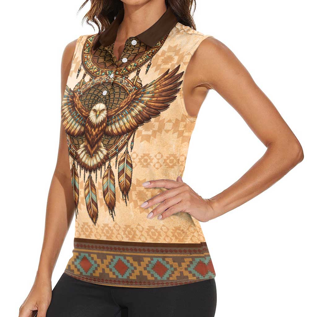 Eagle Native American Women Sleeveless Polo Shirt Tribal Feather Dreamcatcher Boho Style