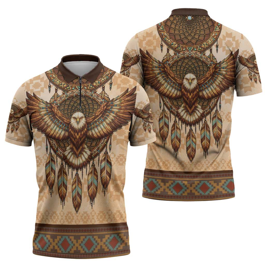 Eagle Native American Zipper Polo Shirt Tribal Feather Dreamcatcher Boho Style