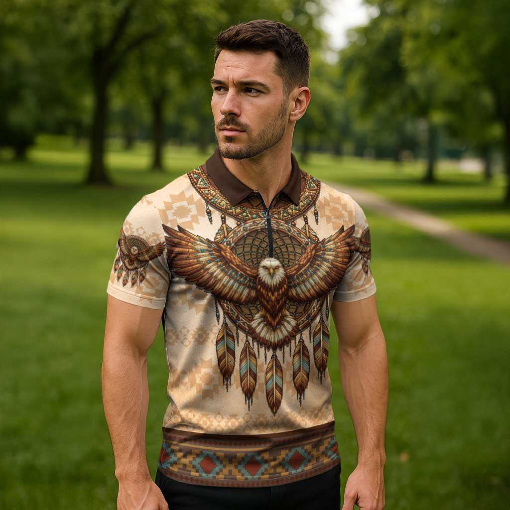 Eagle Native American Zipper Polo Shirt Tribal Feather Dreamcatcher Boho Style