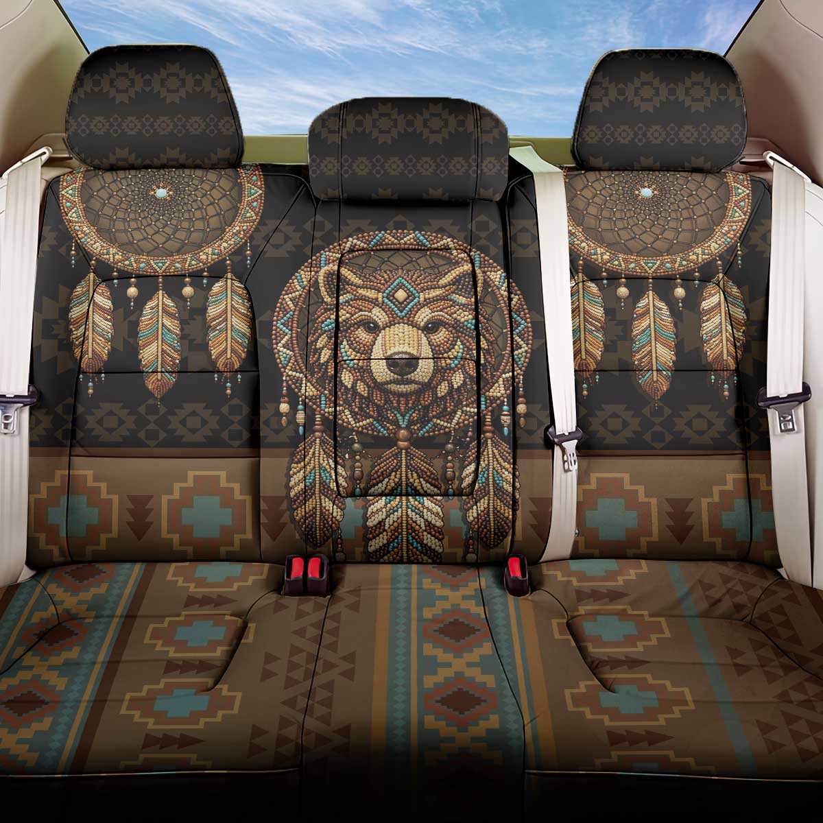 Bear Native American Back Car Seat Cover Tribal Feather Dreamcatcher Boho Style