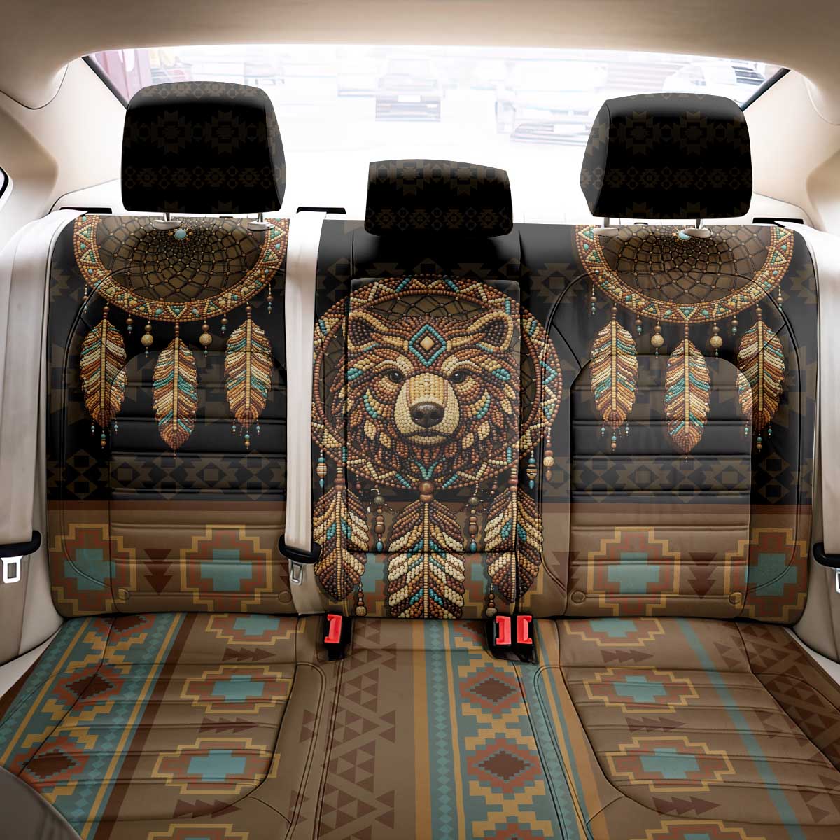 Bear Native American Back Car Seat Cover Tribal Feather Dreamcatcher Boho Style