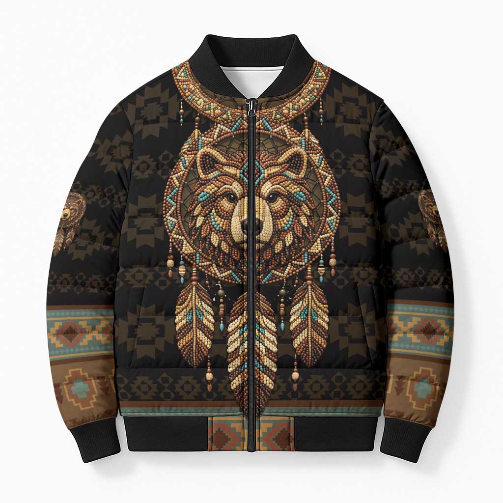 Bear Native American Bomber Puffer Jacket Tribal Feather Dreamcatcher Boho Style