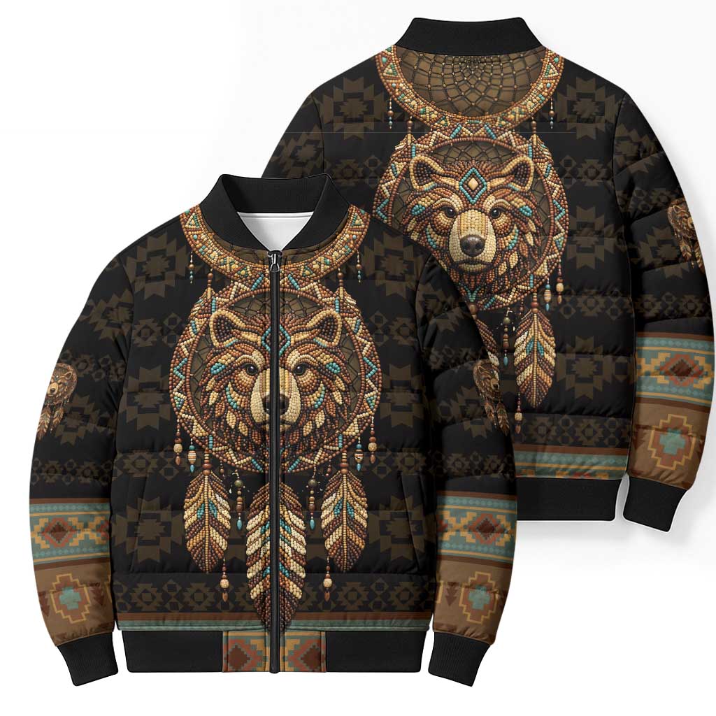Bear Native American Bomber Puffer Jacket Tribal Feather Dreamcatcher Boho Style