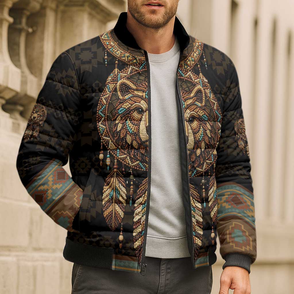 Bear Native American Bomber Puffer Jacket Tribal Feather Dreamcatcher Boho Style