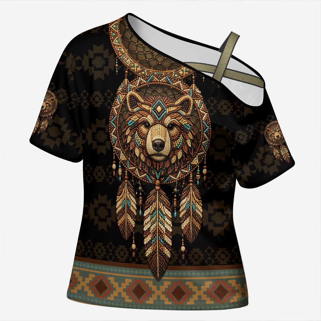 Bear Native American Cross Shoulder Shirt Tribal Feather Dreamcatcher Boho Style