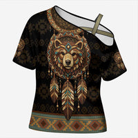Bear Native American Cross Shoulder Shirt Tribal Feather Dreamcatcher Boho Style