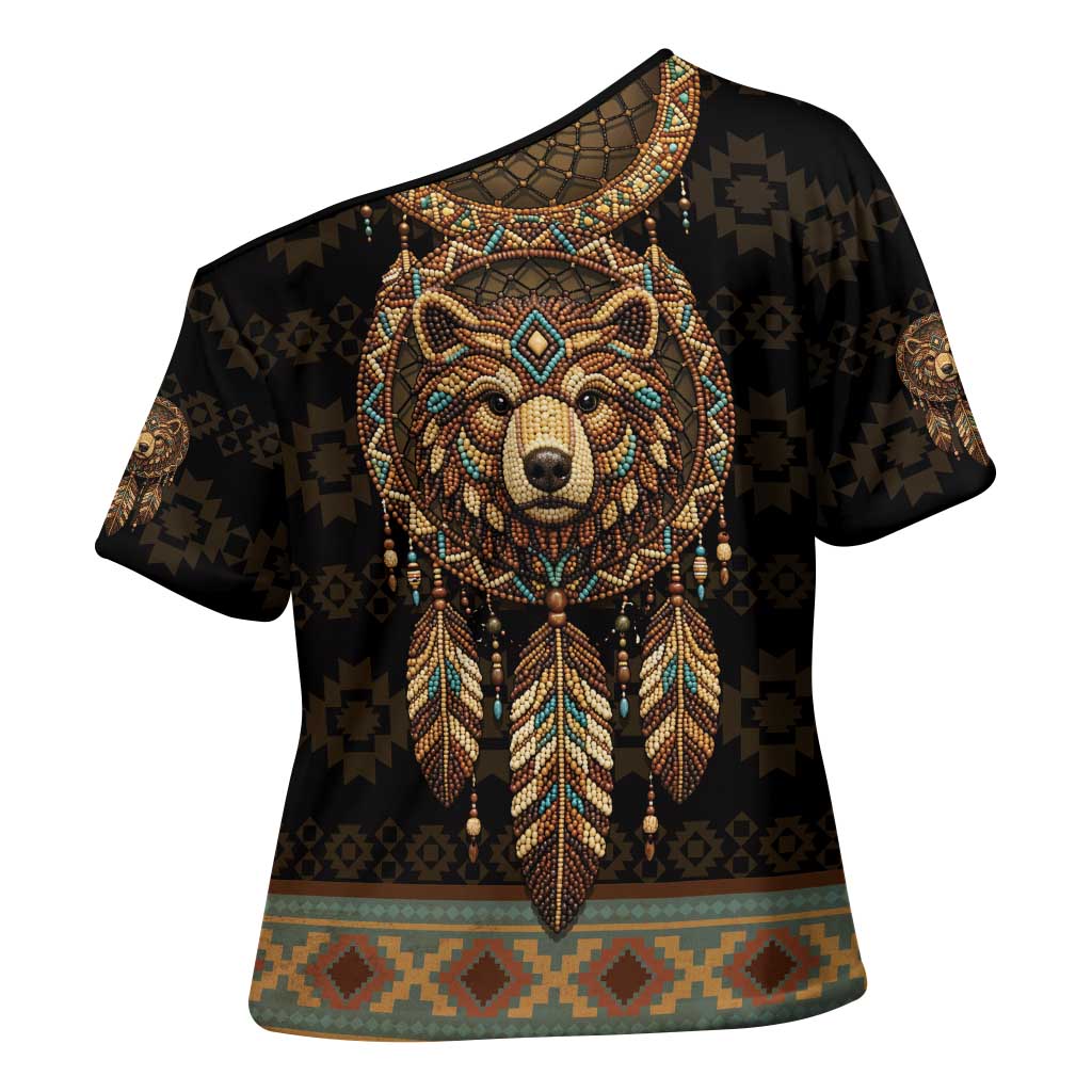 Bear Native American Cross Shoulder Shirt Tribal Feather Dreamcatcher Boho Style