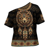 Bear Native American Cross Shoulder Shirt Tribal Feather Dreamcatcher Boho Style