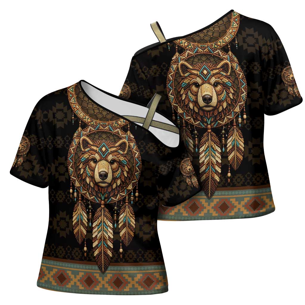 Bear Native American Cross Shoulder Shirt Tribal Feather Dreamcatcher Boho Style