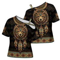 Bear Native American Cross Shoulder Shirt Tribal Feather Dreamcatcher Boho Style