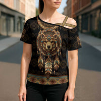 Bear Native American Cross Shoulder Shirt Tribal Feather Dreamcatcher Boho Style