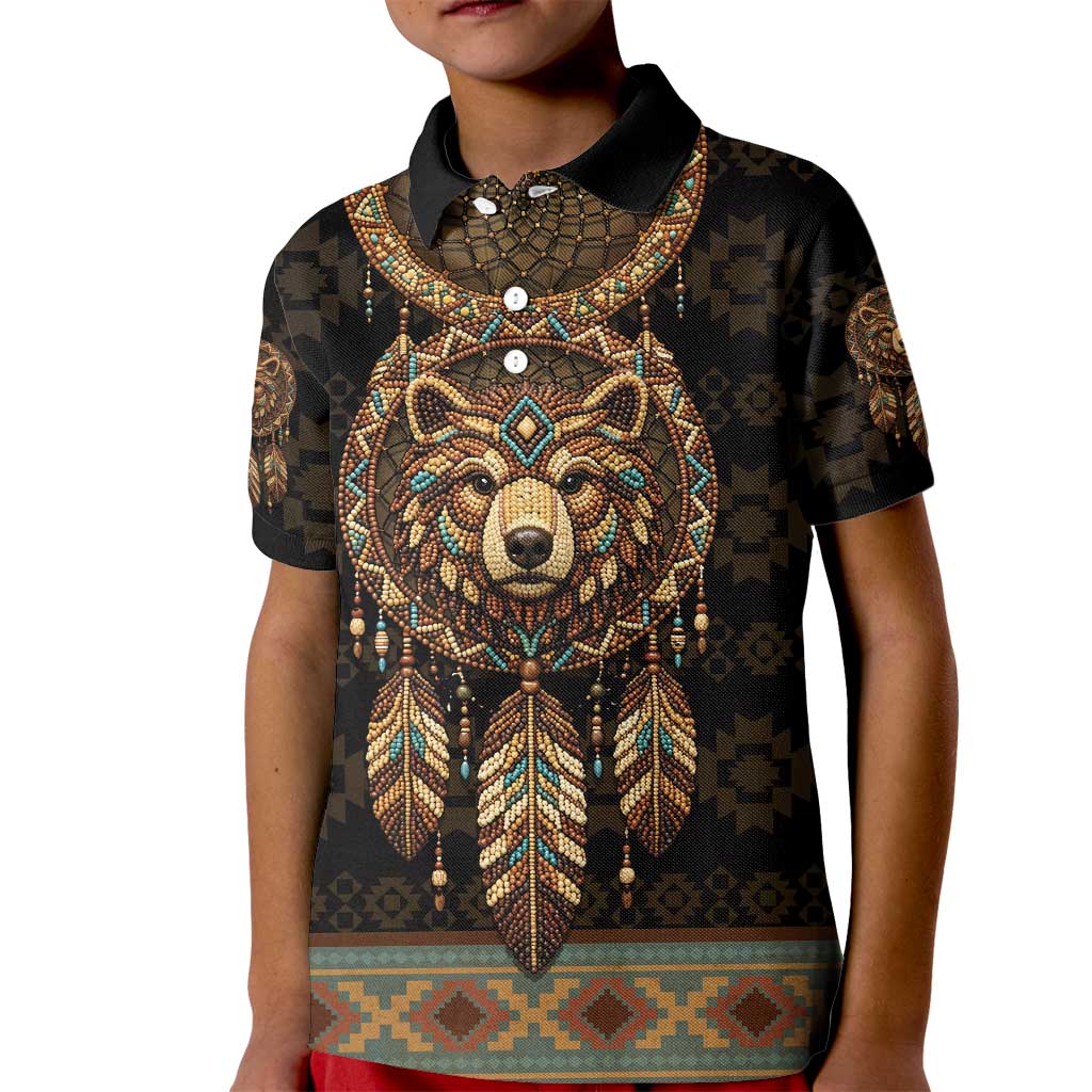 Bear Native American Kid Polo Shirt Tribal Feather Dreamcatcher Boho Style