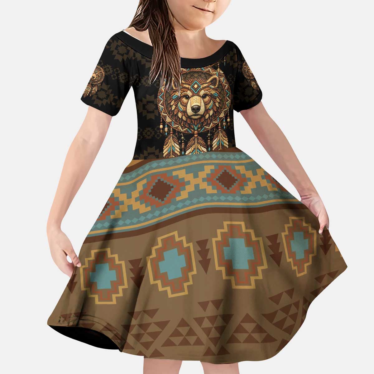 Bear Native American Kid Short Sleeve Dress Tribal Feather Dreamcatcher Boho Style