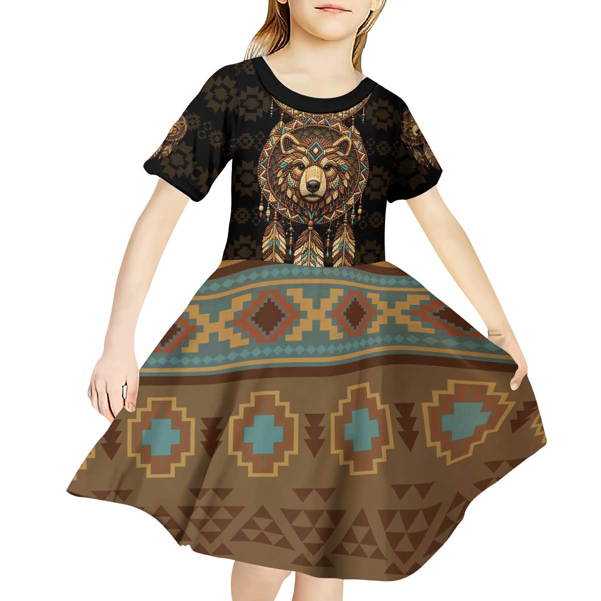 Bear Native American Kid Short Sleeve Dress Tribal Feather Dreamcatcher Boho Style