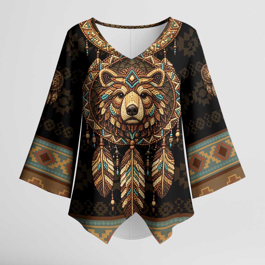 Bear Native American Kimono Sleeve Blouse Tribal Feather Dreamcatcher Boho Style