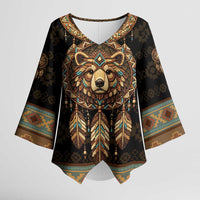 Bear Native American Kimono Sleeve Blouse Tribal Feather Dreamcatcher Boho Style