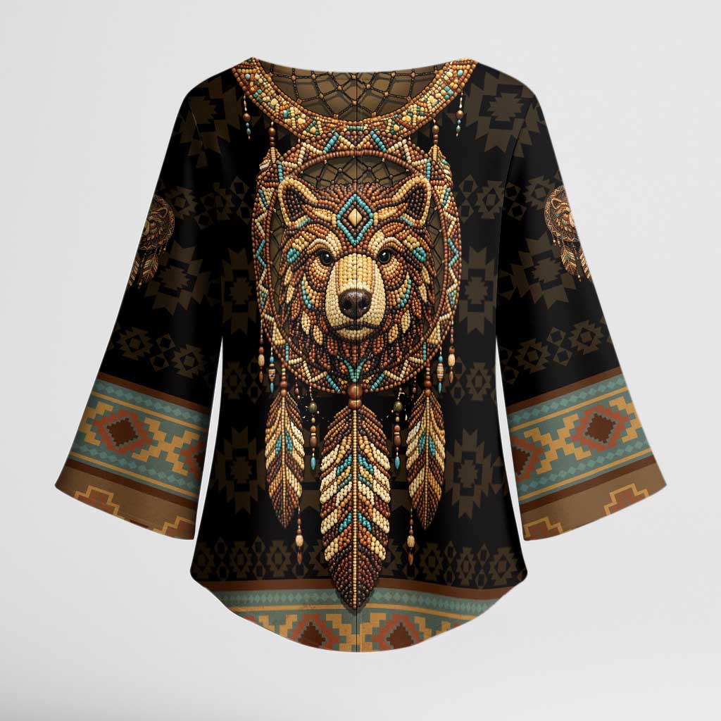 Bear Native American Kimono Sleeve Blouse Tribal Feather Dreamcatcher Boho Style