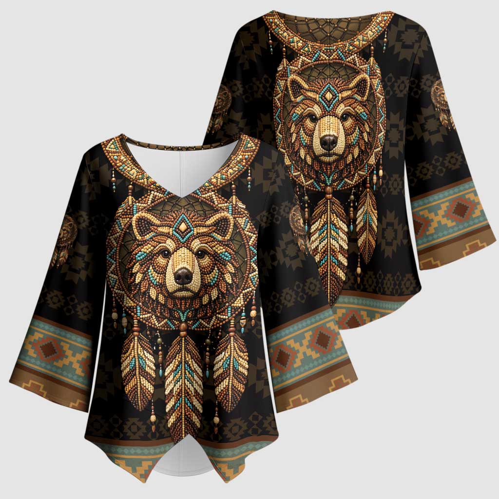 Bear Native American Kimono Sleeve Blouse Tribal Feather Dreamcatcher Boho Style