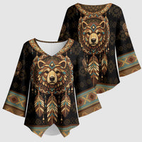 Bear Native American Kimono Sleeve Blouse Tribal Feather Dreamcatcher Boho Style