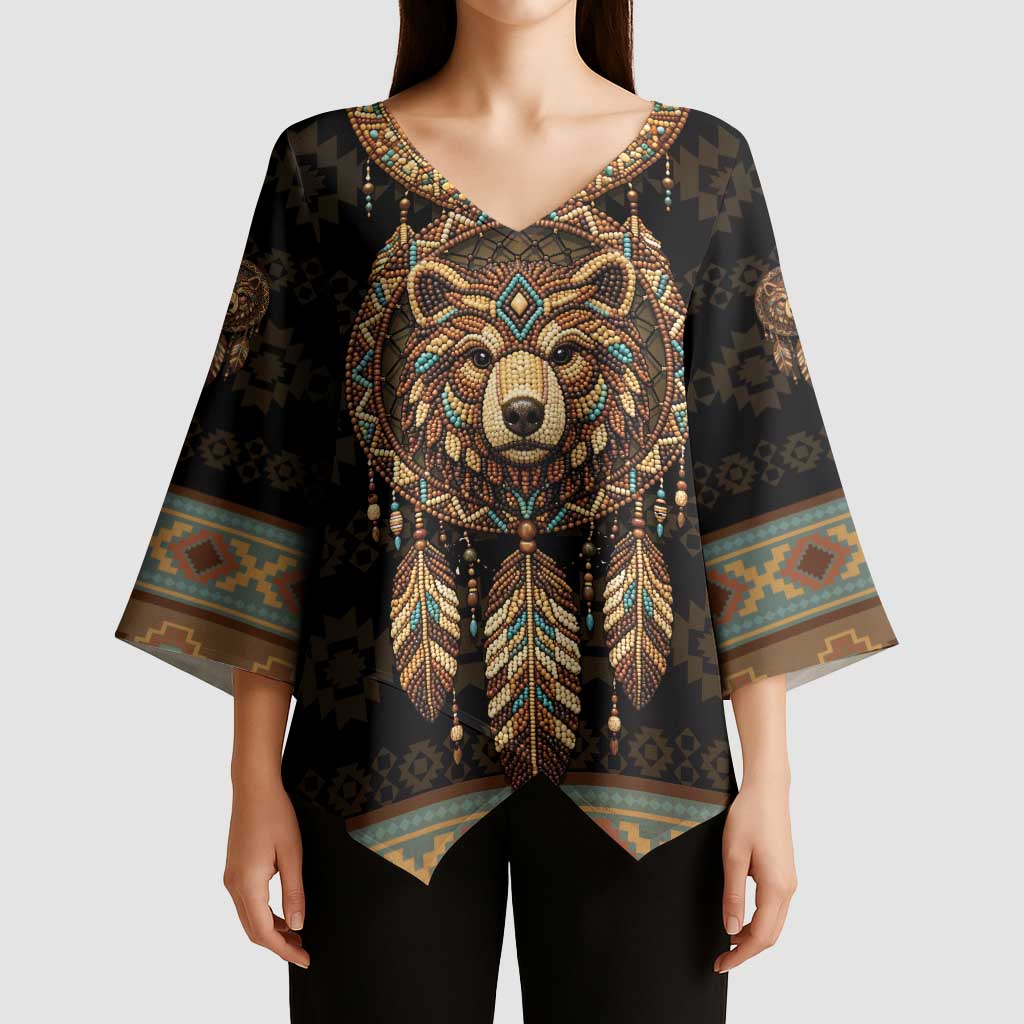 Bear Native American Kimono Sleeve Blouse Tribal Feather Dreamcatcher Boho Style