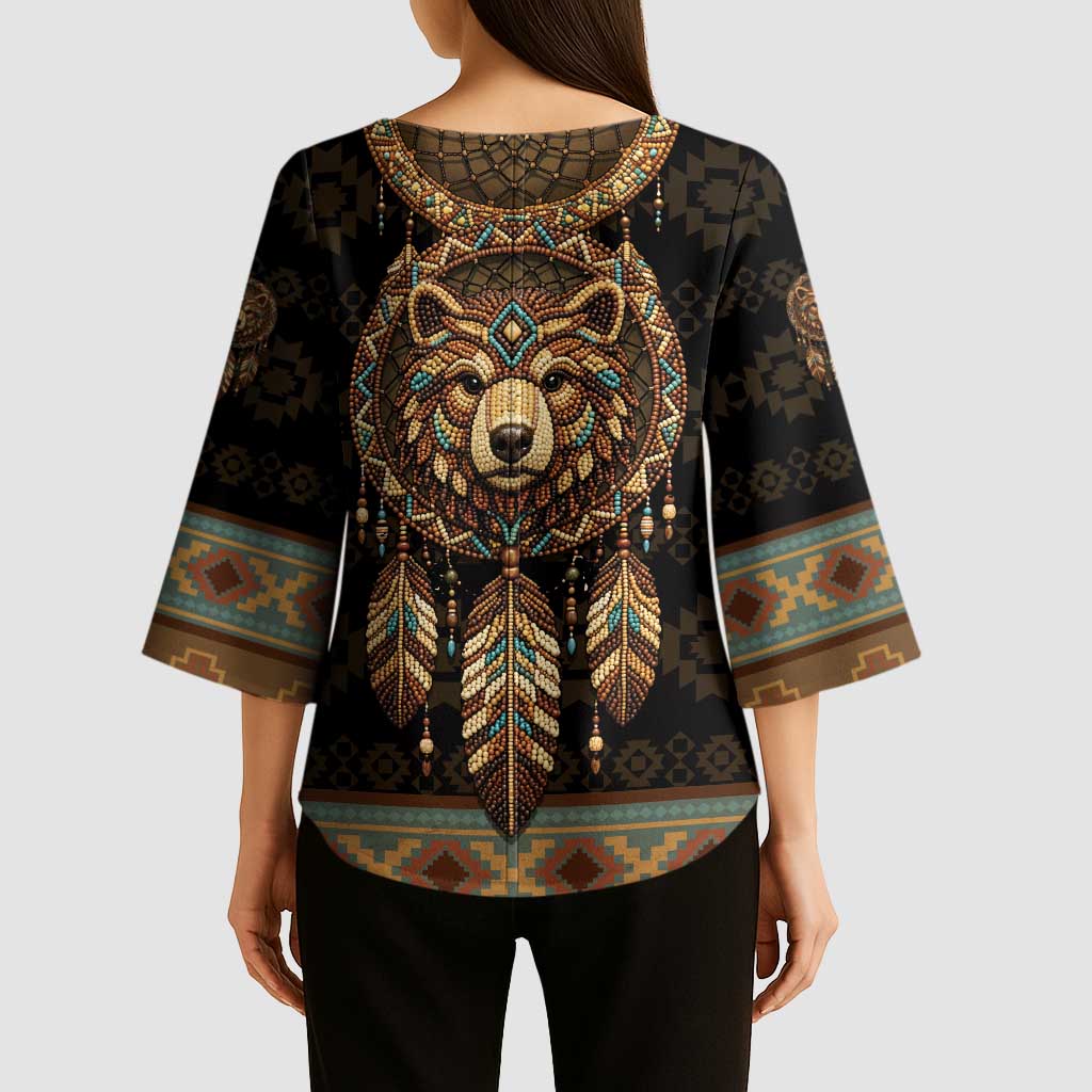Bear Native American Kimono Sleeve Blouse Tribal Feather Dreamcatcher Boho Style