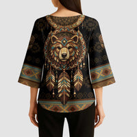 Bear Native American Kimono Sleeve Blouse Tribal Feather Dreamcatcher Boho Style