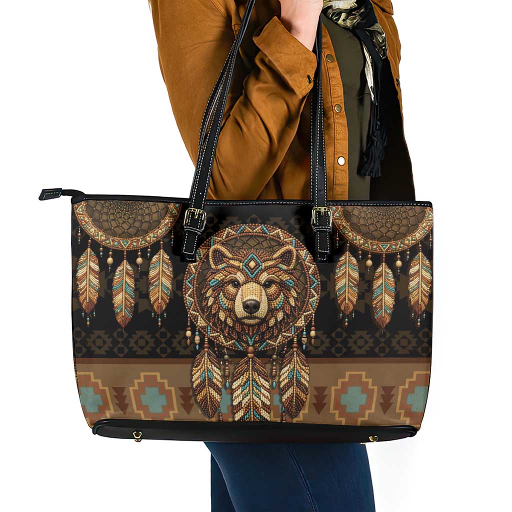 Bear Native American Leather Tote Bag Tribal Feather Dreamcatcher Boho Style