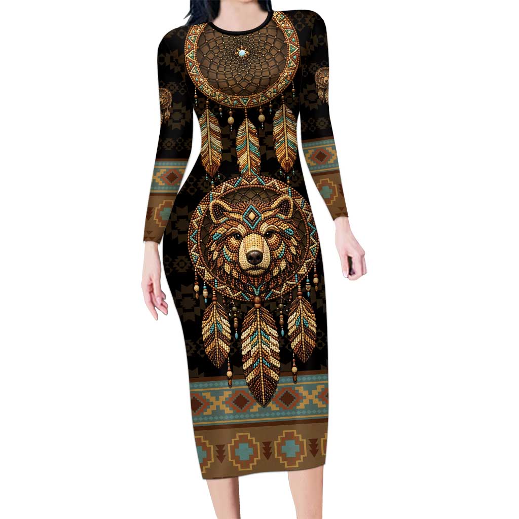 Bear Native American Long Sleeve Bodycon Dress Tribal Feather Dreamcatcher Boho Style