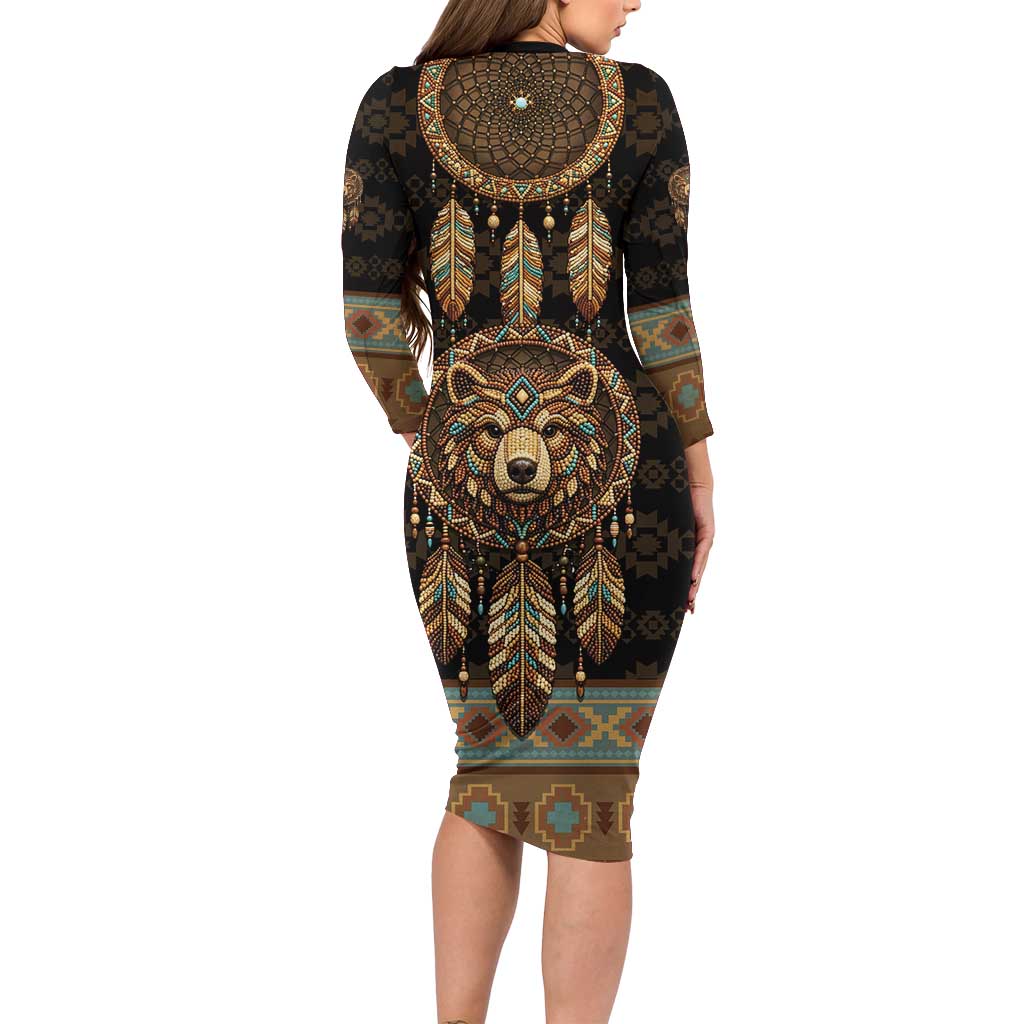 Bear Native American Long Sleeve Bodycon Dress Tribal Feather Dreamcatcher Boho Style