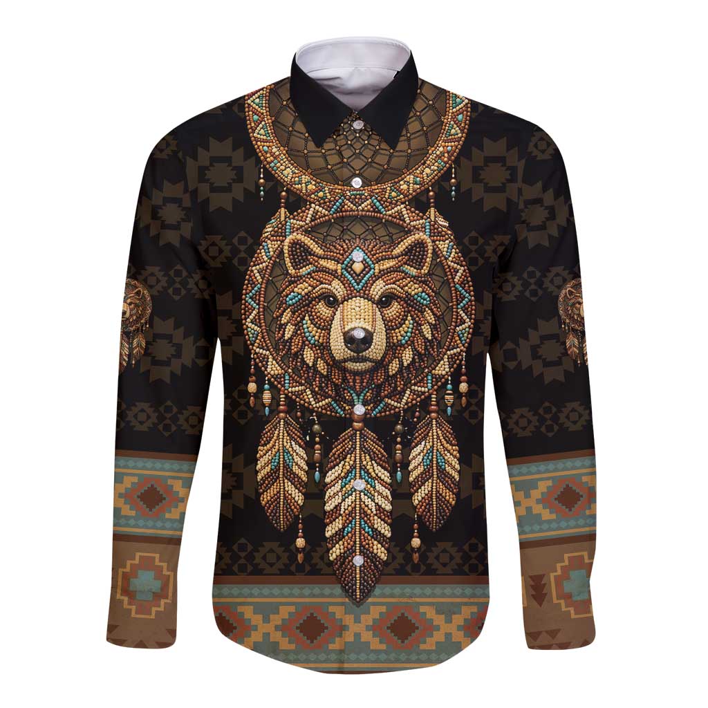 Bear Native American Long Sleeve Button Shirt Tribal Feather Dreamcatcher Boho Style