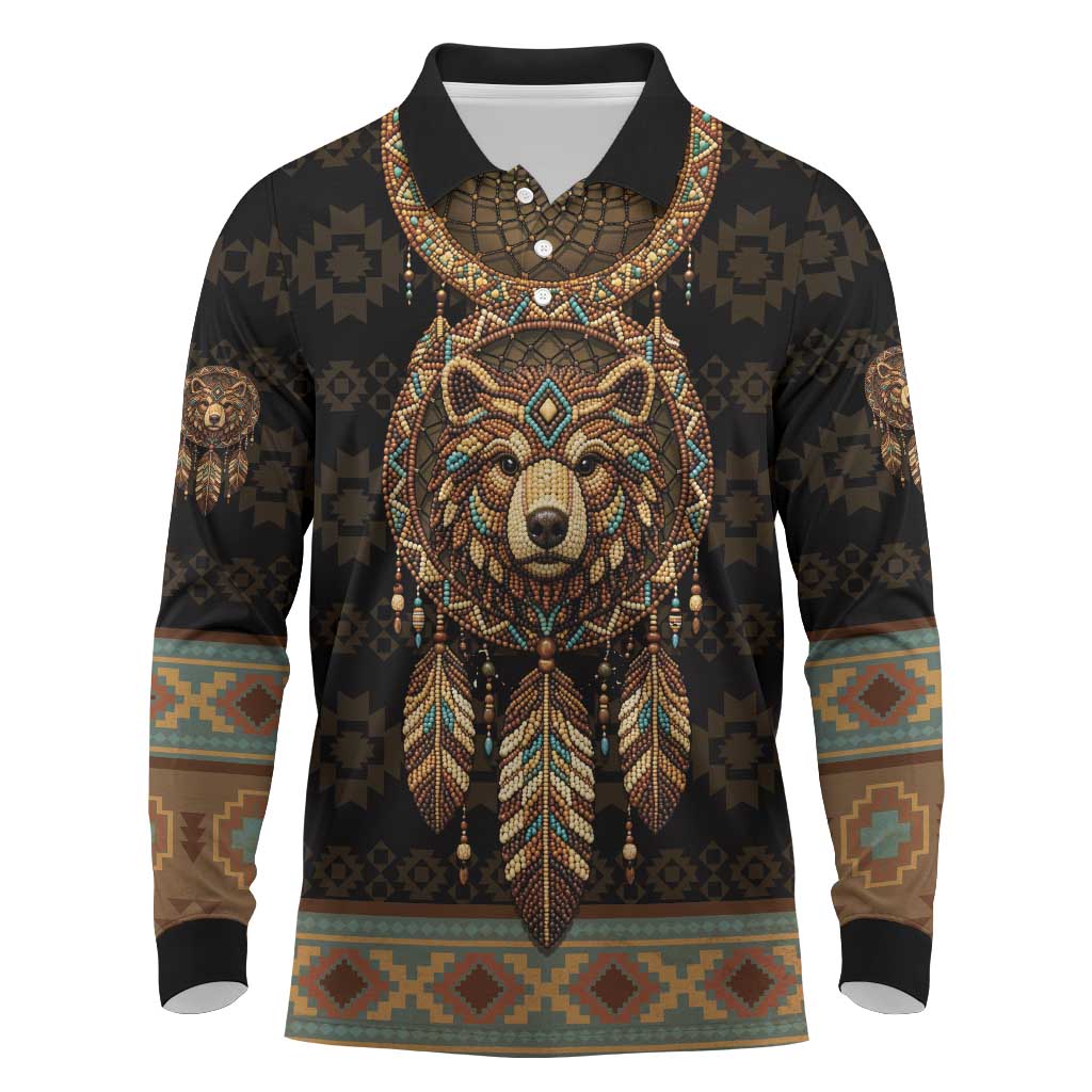 Bear Native American Long Sleeve Polo Shirt Tribal Feather Dreamcatcher Boho Style
