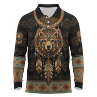 Bear Native American Long Sleeve Polo Shirt Tribal Feather Dreamcatcher Boho Style