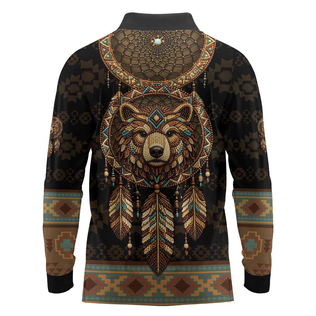 Bear Native American Long Sleeve Polo Shirt Tribal Feather Dreamcatcher Boho Style