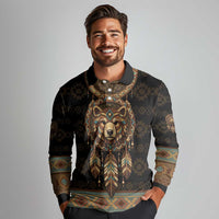 Bear Native American Long Sleeve Polo Shirt Tribal Feather Dreamcatcher Boho Style