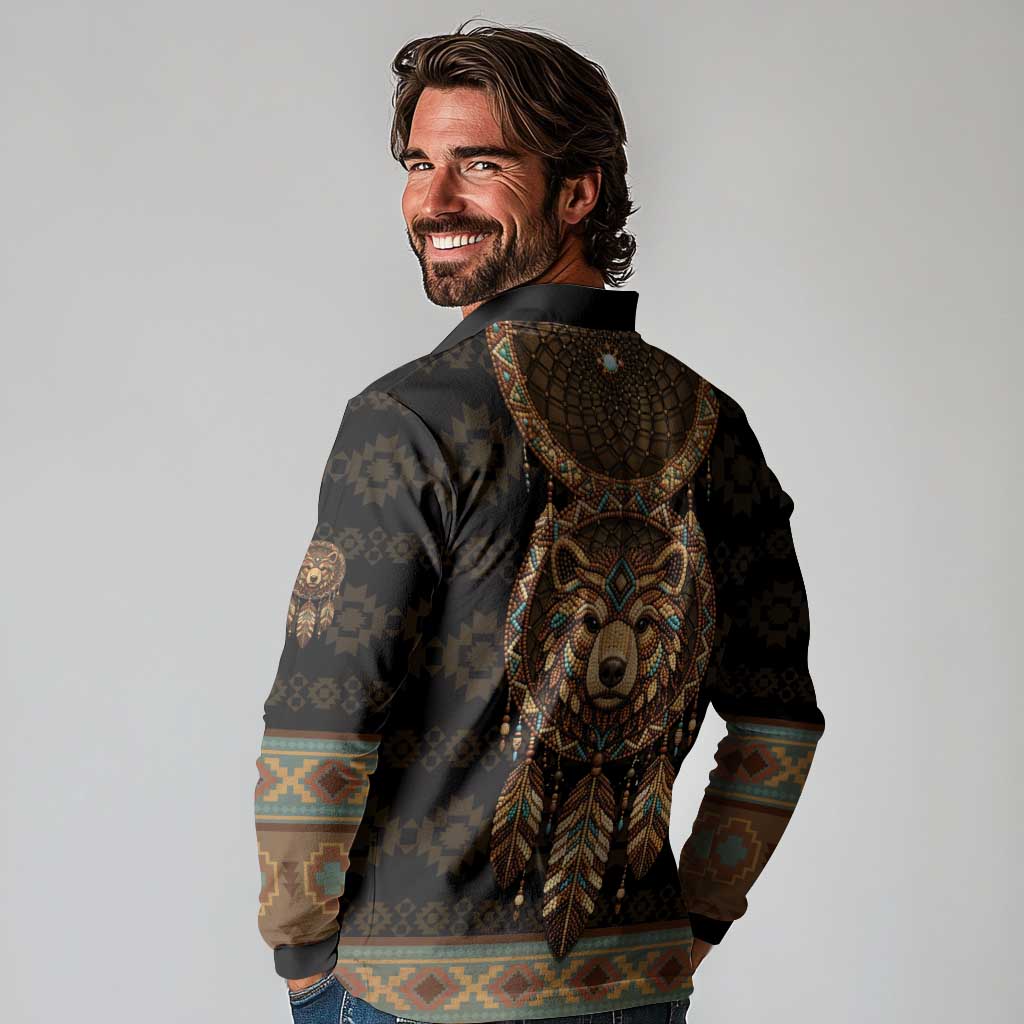 Bear Native American Long Sleeve Polo Shirt Tribal Feather Dreamcatcher Boho Style