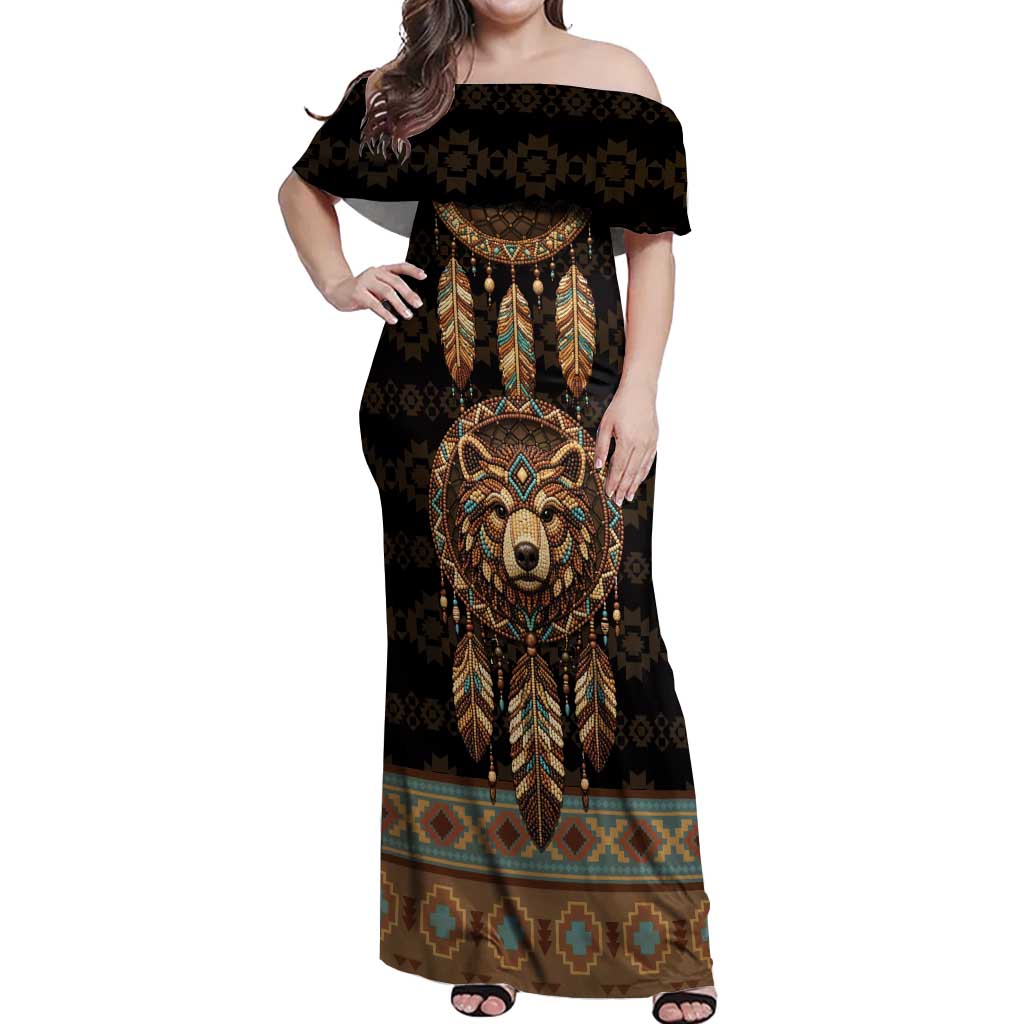 Bear Native American Off Shoulder Maxi Dress Tribal Feather Dreamcatcher Boho Style