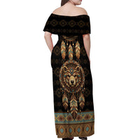 Bear Native American Off Shoulder Maxi Dress Tribal Feather Dreamcatcher Boho Style