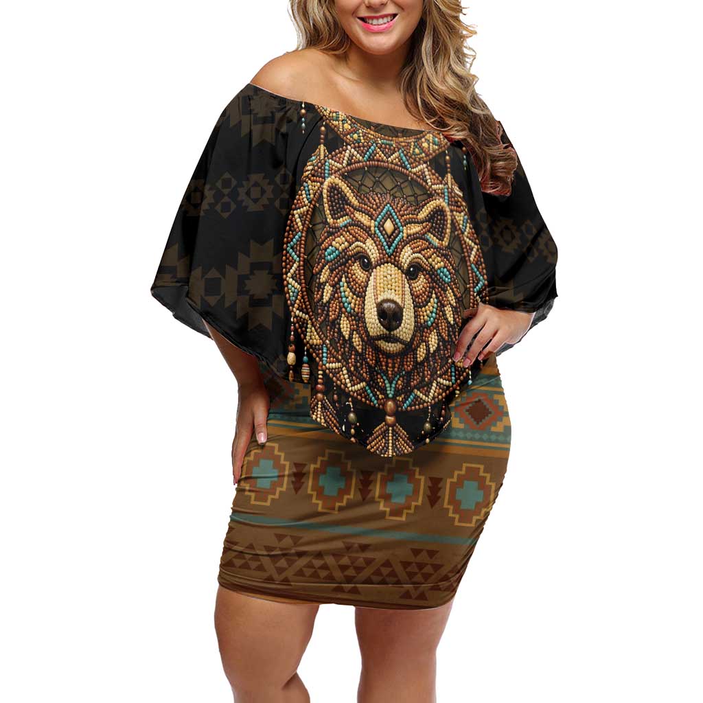 Bear Native American Off Shoulder Short Dress Tribal Feather Dreamcatcher Boho Style