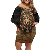 Bear Native American Off Shoulder Short Dress Tribal Feather Dreamcatcher Boho Style