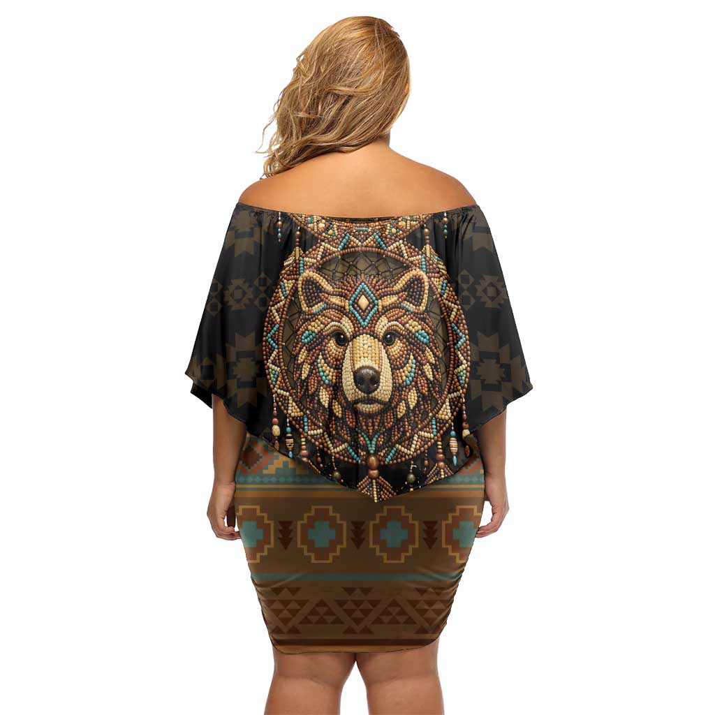 Bear Native American Off Shoulder Short Dress Tribal Feather Dreamcatcher Boho Style