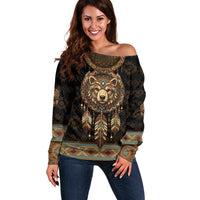 Bear Native American Off Shoulder Sweater Tribal Feather Dreamcatcher Boho Style
