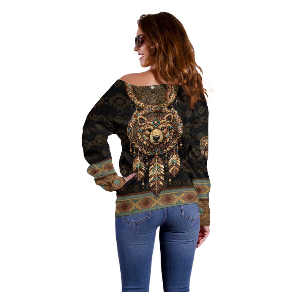 Bear Native American Off Shoulder Sweater Tribal Feather Dreamcatcher Boho Style