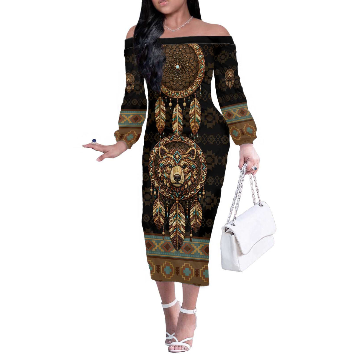 Bear Native American Off The Shoulder Long Sleeve Dress Tribal Feather Dreamcatcher Boho Style