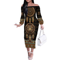 Bear Native American Off The Shoulder Long Sleeve Dress Tribal Feather Dreamcatcher Boho Style